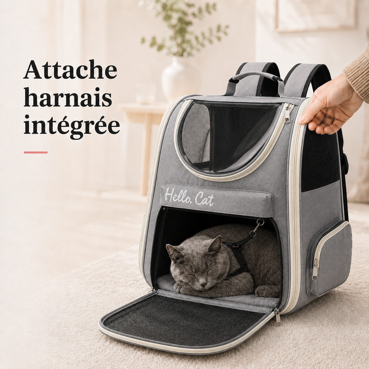 Attache harnais integree - Sac � dos vision a�r� pour chat