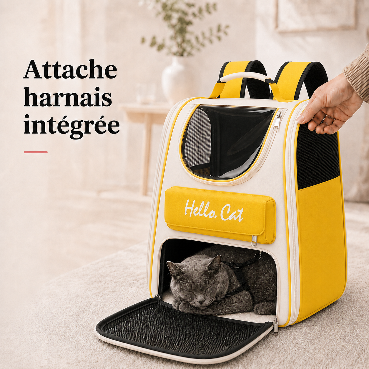 Attache harnais integree - Sac � dos zipp� pour chat
