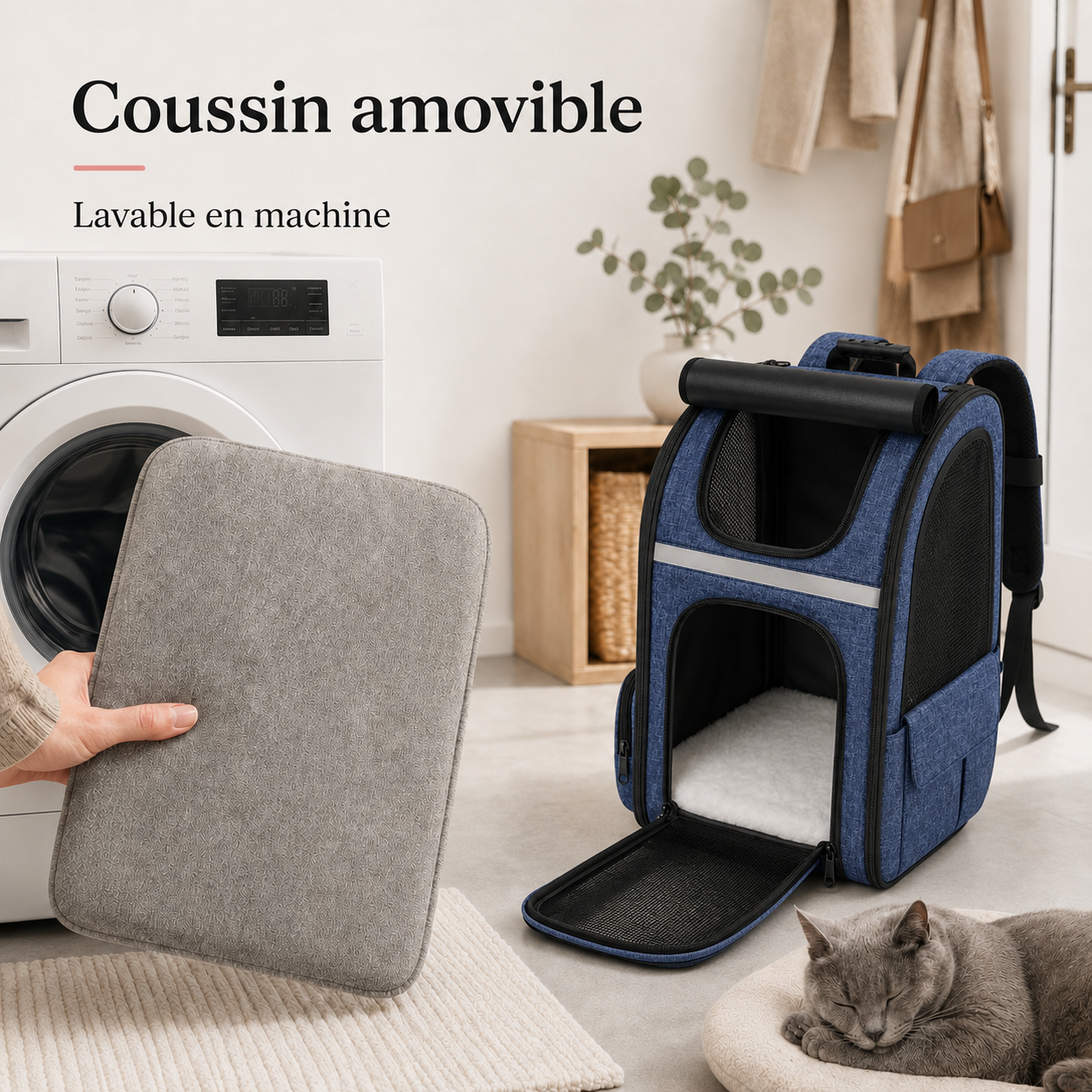 Coussin amovible lavable en machine - Sac � dos zipp� pour chat adulte