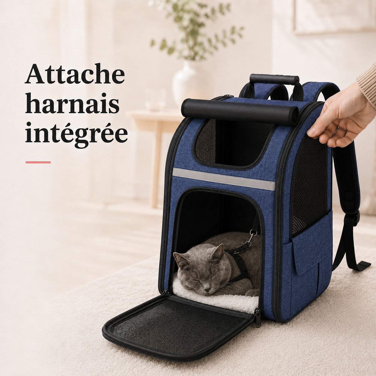 Attache harnais integree - Sac � dos zipp� pour chat adulte