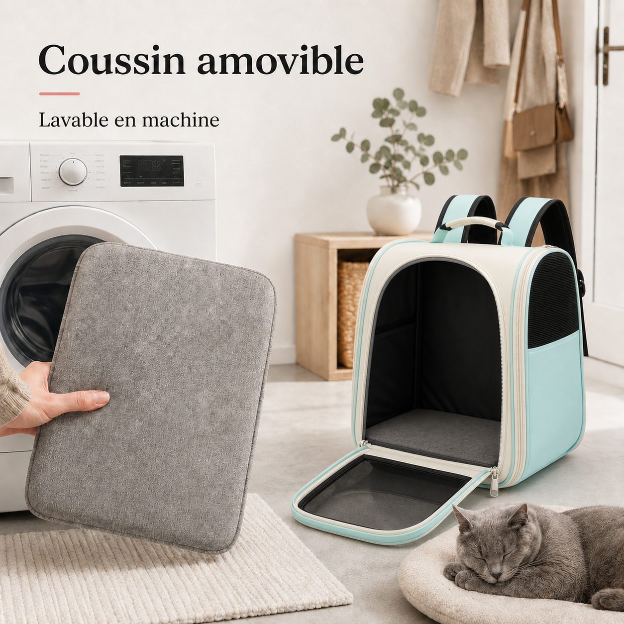 Coussin amovible lavable en machine - Sac � dos zipp� respirant pour chat