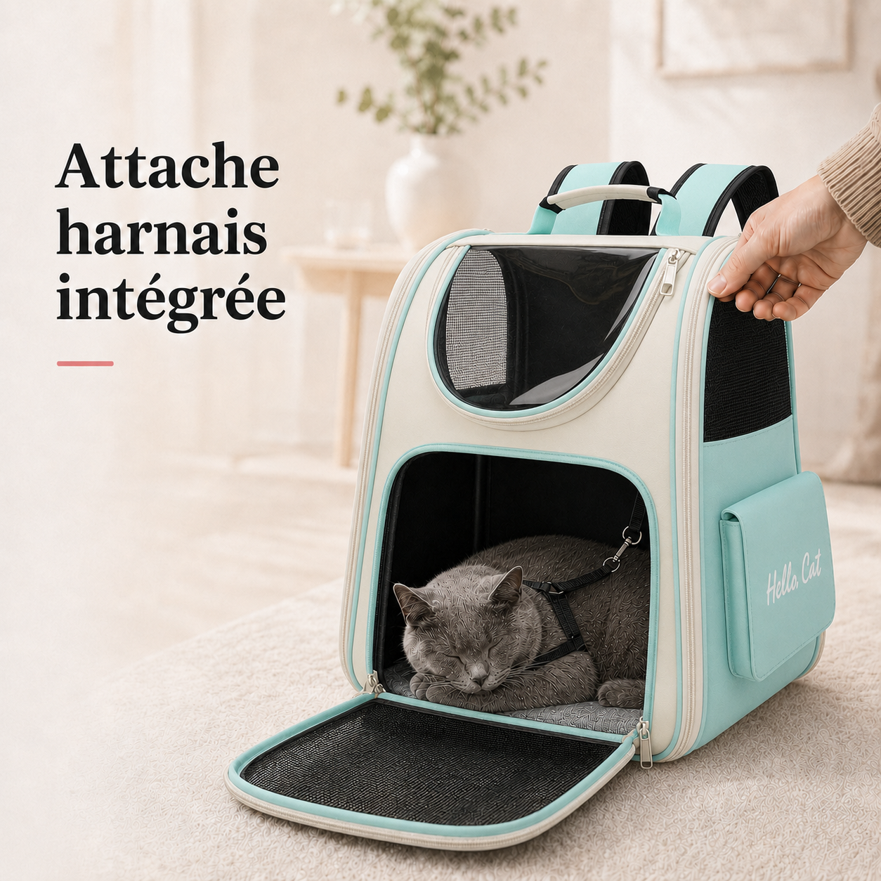 Attache harnais integree - Sac � dos zipp� respirant pour chat