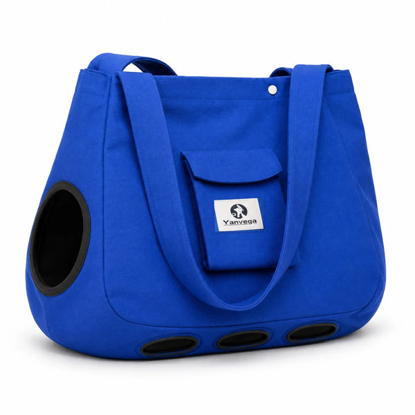 Sac de transport bandoulière bleu pour chat, ouverture latérale et aérations, sur fond blanc