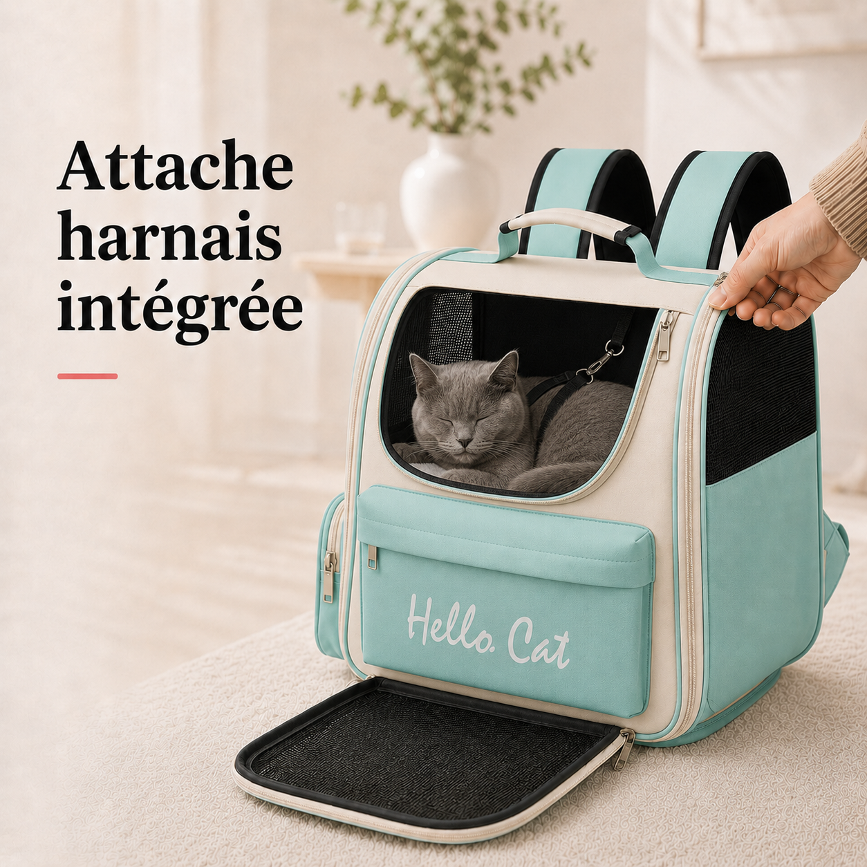 Attache harnais integree - Sac de transport a�r� pour chaton