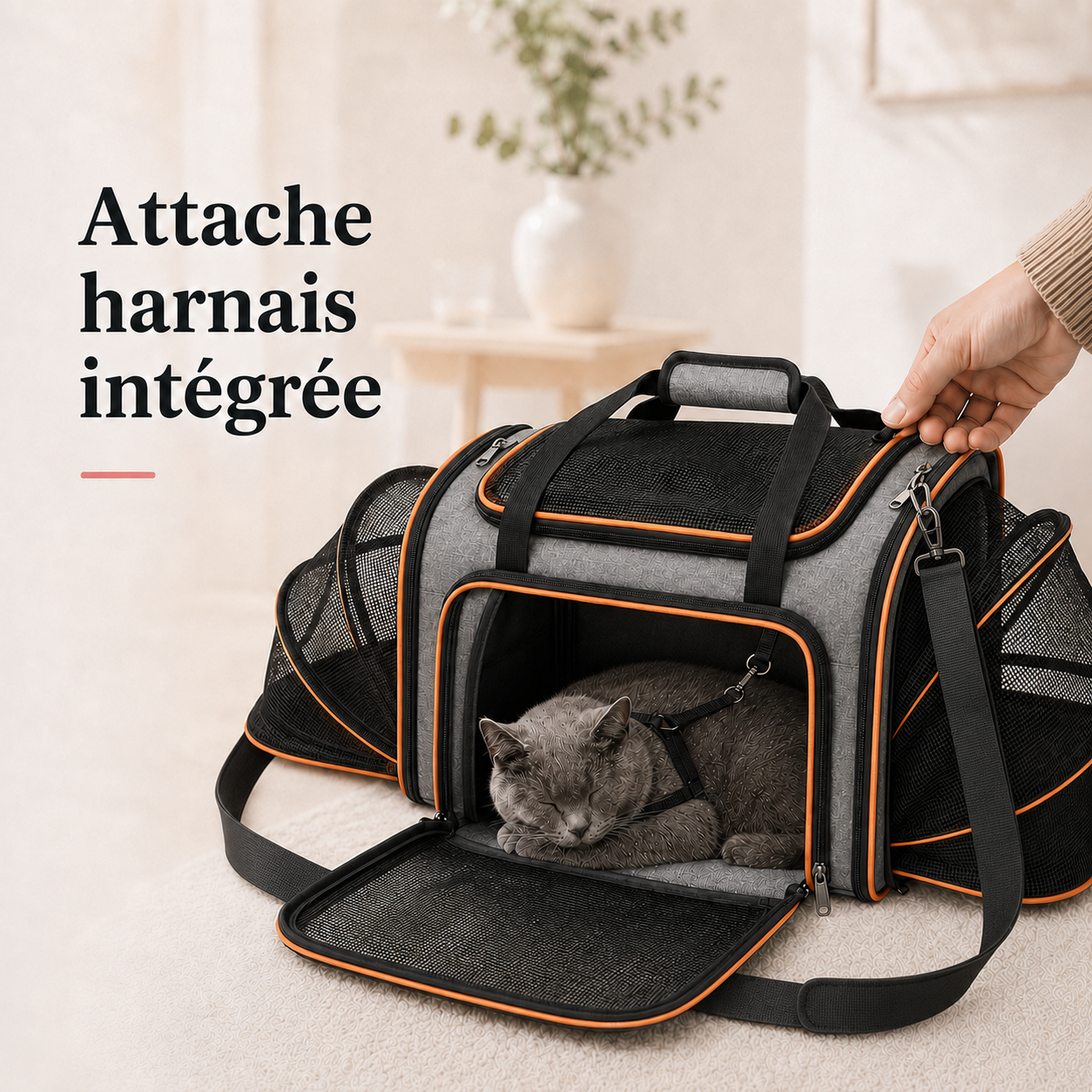 Attache harnais integree - Sac de transport A�ro modulable pour chat