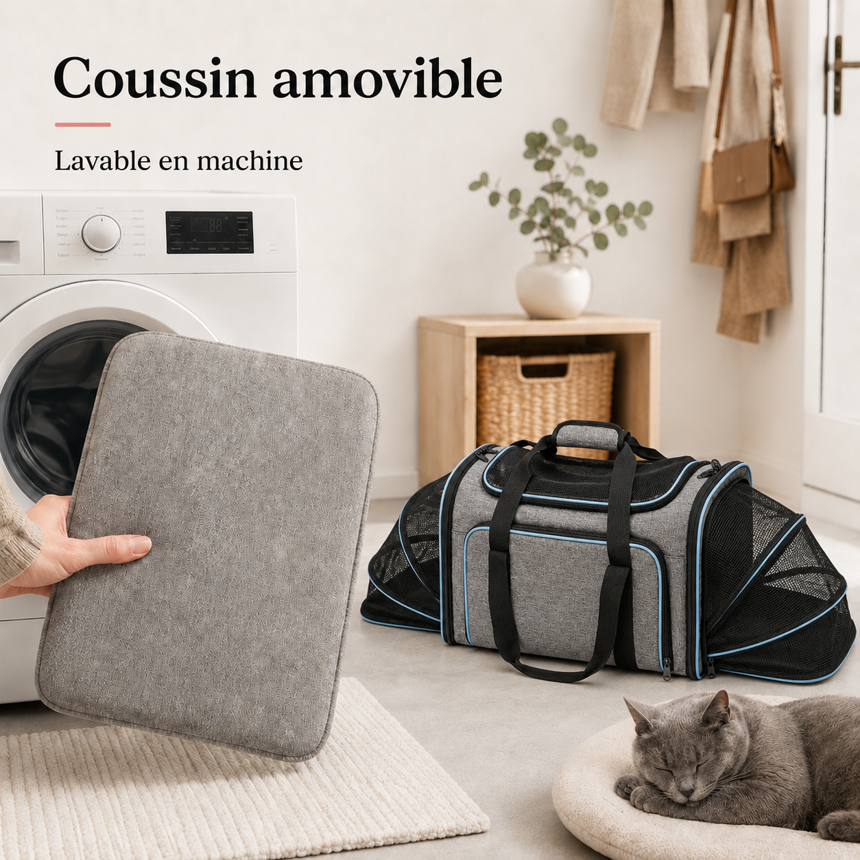 Coussin amovible lavable en machine - Sac de transport cabine extensible pour chat