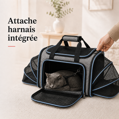 Attache harnais integree - Sac de transport cabine extensible pour chat