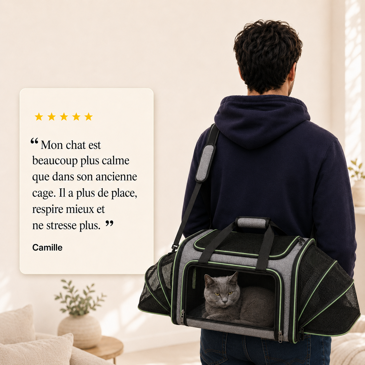 Avis client 5 etoiles - Sac de transport d�pliable robuste pour chat