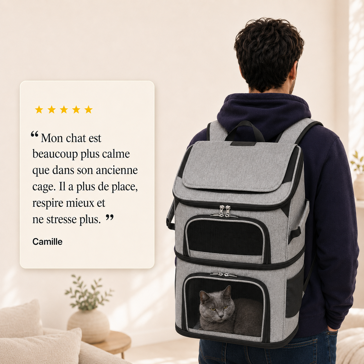 Avis client 5 etoiles - Sac de transport espace XXL pour chat