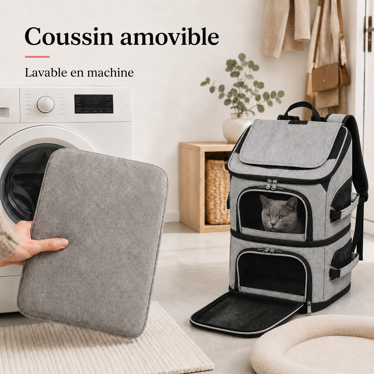 Coussin amovible lavable en machine - Sac de transport espace XXL pour chat