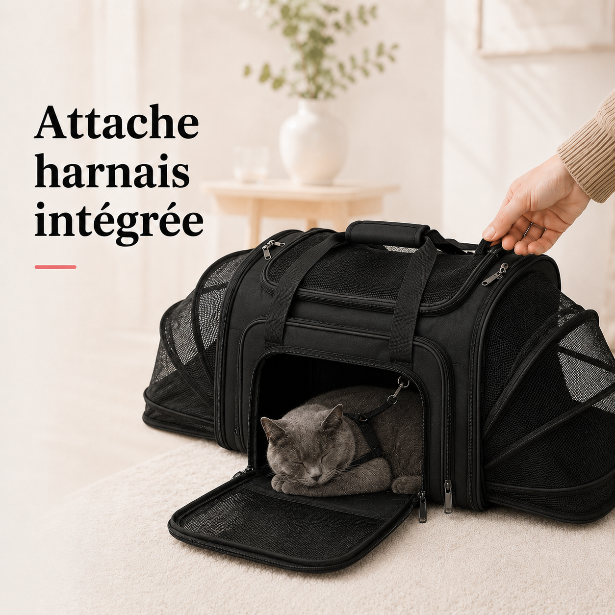 Attache harnais integree - Sac de transport grand espace ventil� pour chat