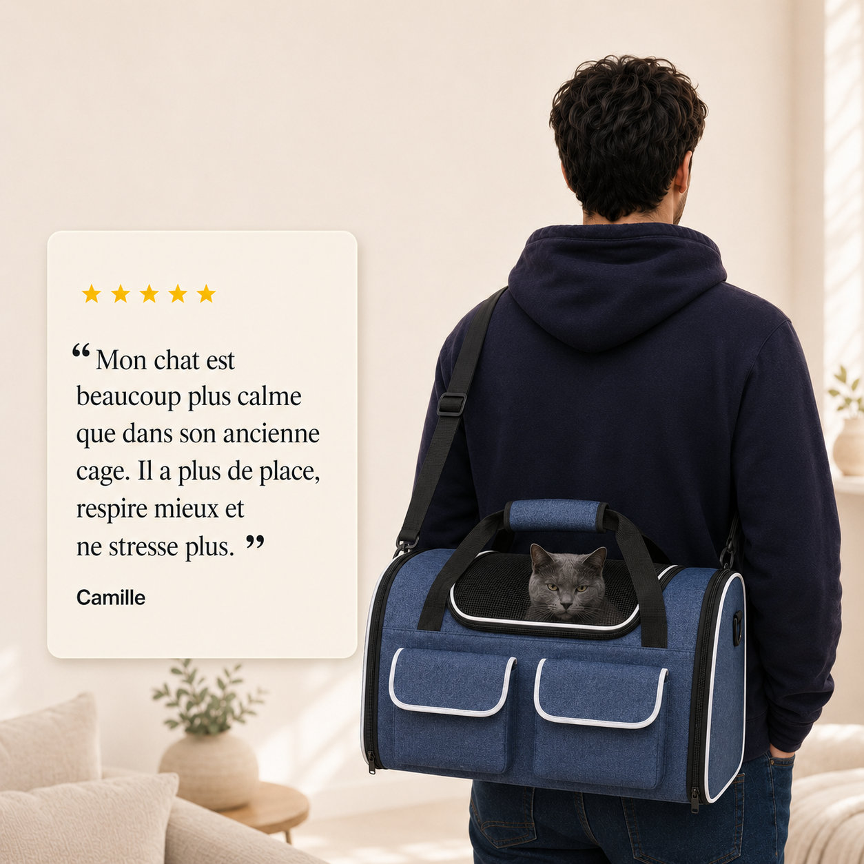 Avis client 5 etoiles - Sac de transport pour chat 10kg - Bleu