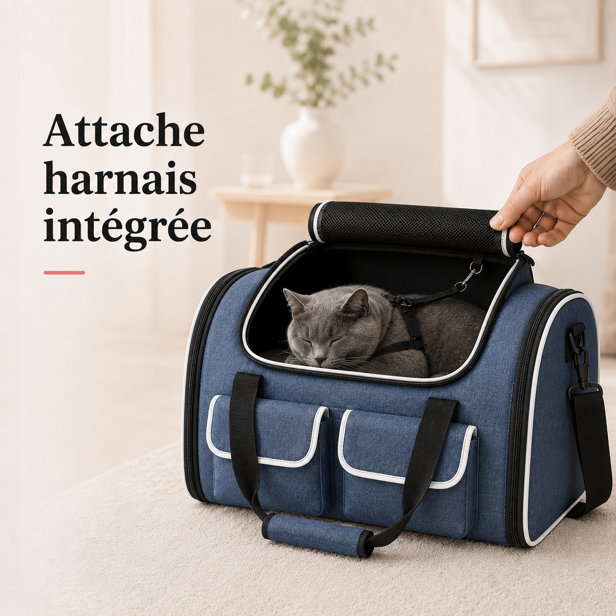 Attache harnais integree - Sac de transport pour chat 10kg - Bleu