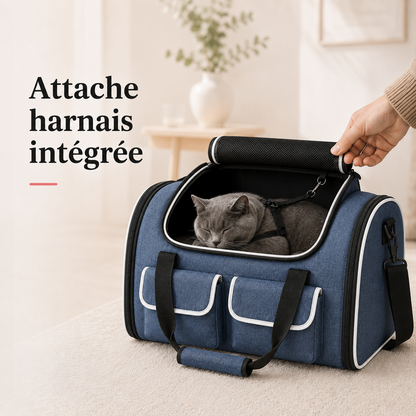 Attache harnais integree - Sac de transport pour chat 10kg - Bleu