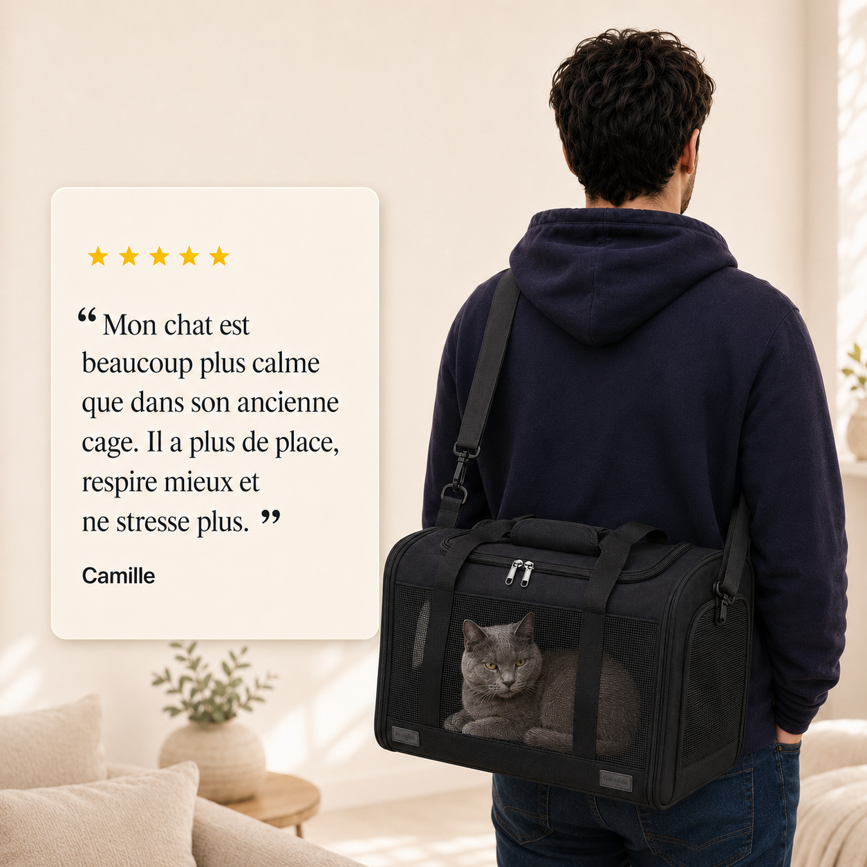 Avis client 5 etoiles - Sac de transport pour chat 7kg - Noir