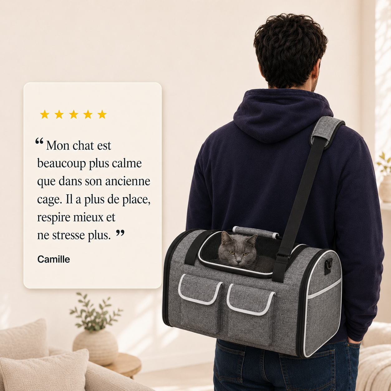 Avis client 5 etoiles - Sac de transport pour chat XXL - Gris