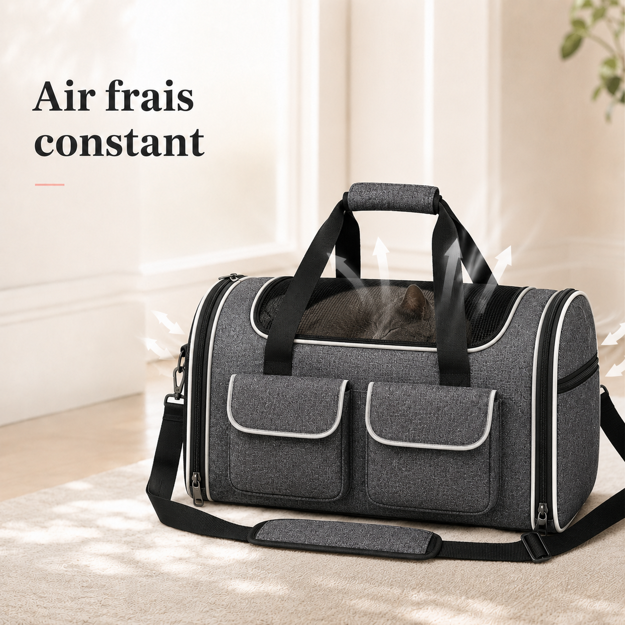 Air frais constant et ventilation - Sac de transport pour chat XXL - Gris