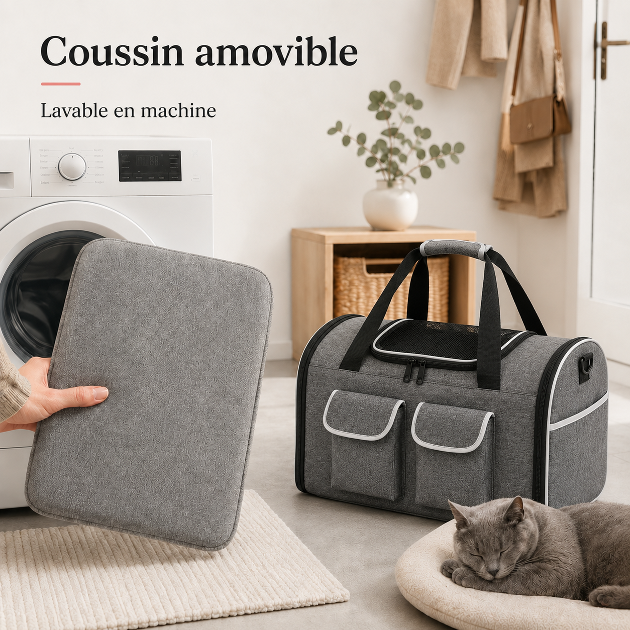 Coussin amovible lavable en machine - Sac de transport pour chat XXL - Gris