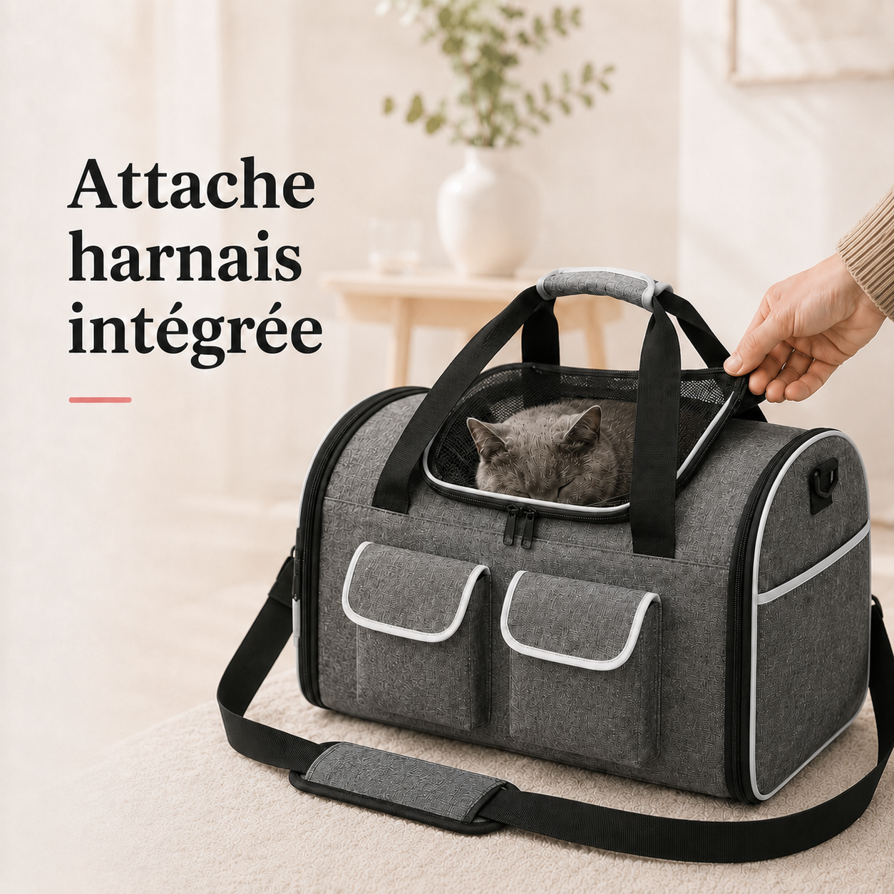 Attache harnais integree - Sac de transport pour chat XXL - Gris