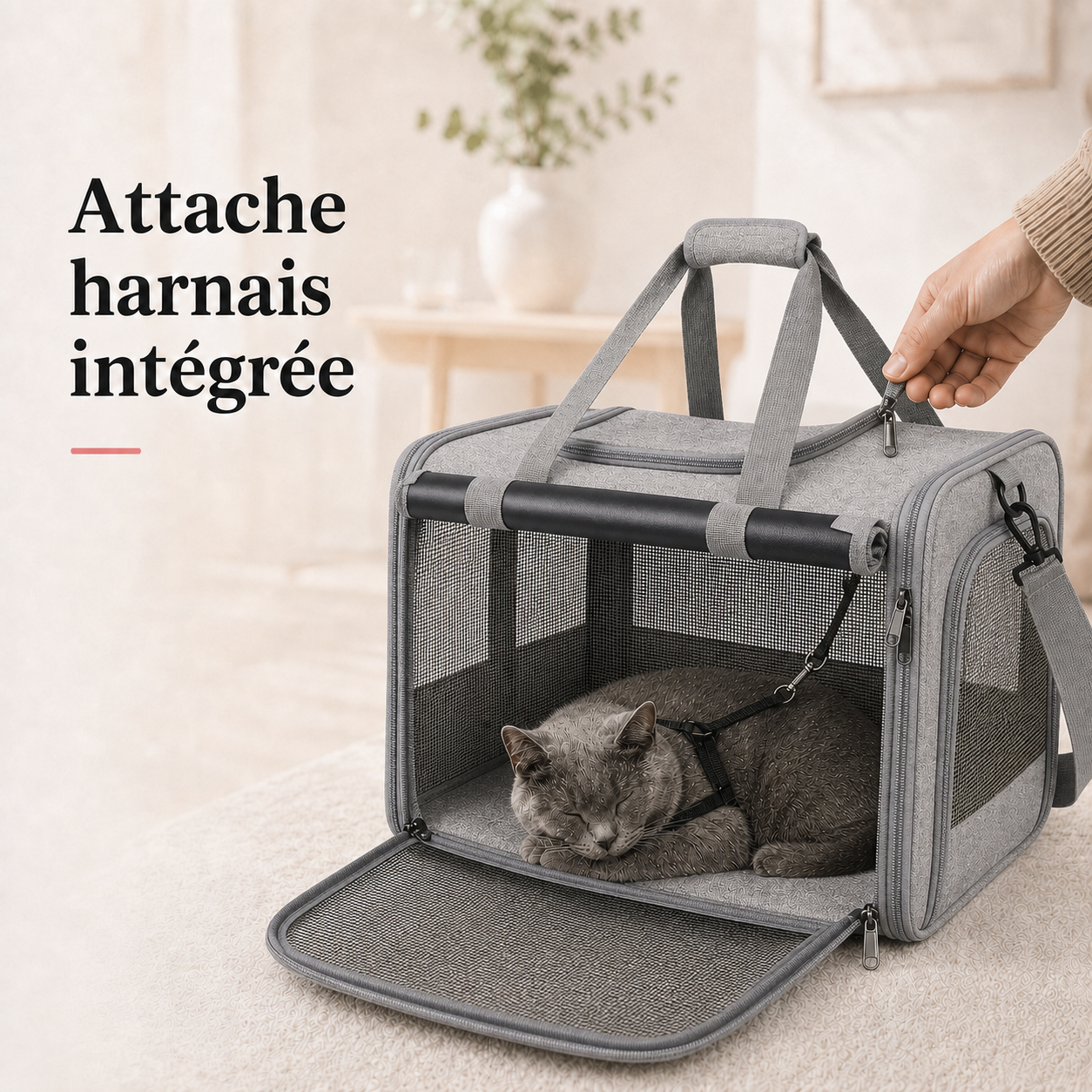 Attache harnais integree - Sac de transport robuste pour chat 7kg