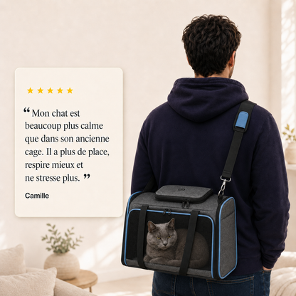 Avis client 5 etoiles - Sac de transport souple bleu pour chat