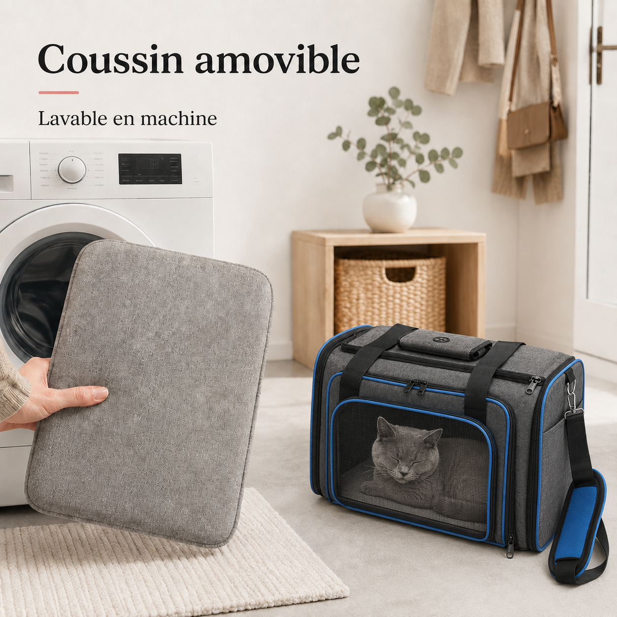 Coussin amovible lavable en machine - Sac de transport souple bleu pour chat