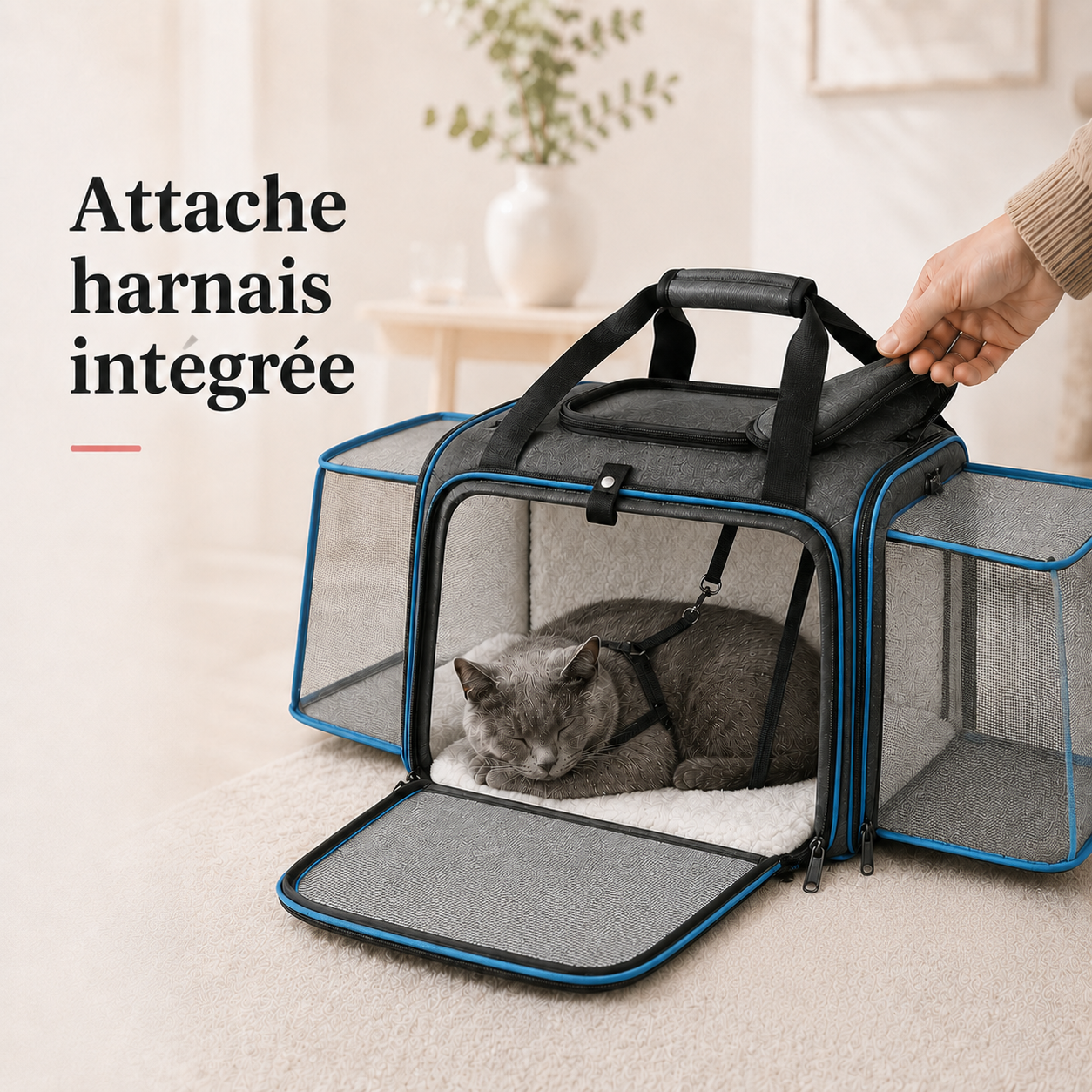 Attache harnais integree - Sac de transport souple bleu pour chat
