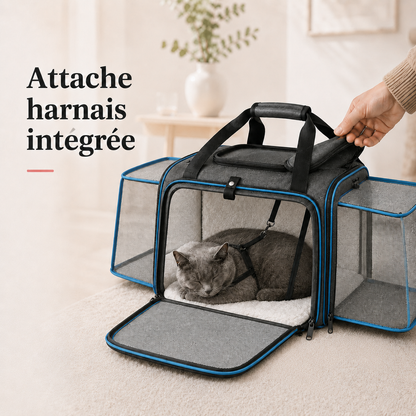 Attache harnais integree - Sac de transport souple bleu pour chat