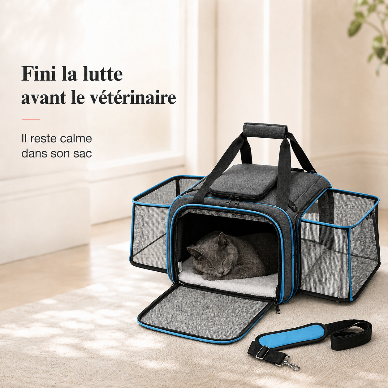 Fini la lutte avant le veterinaire - Sac de transport souple bleu pour chat