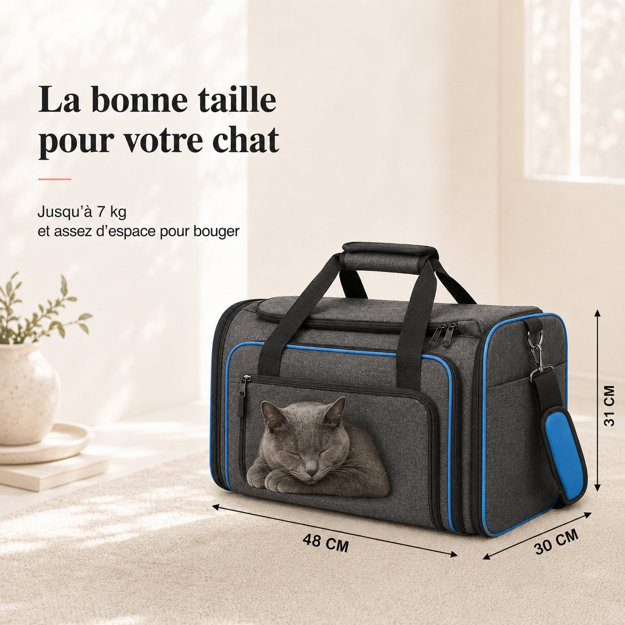 Dimensions et taille adaptee a votre chat - Sac de transport souple bleu pour chat