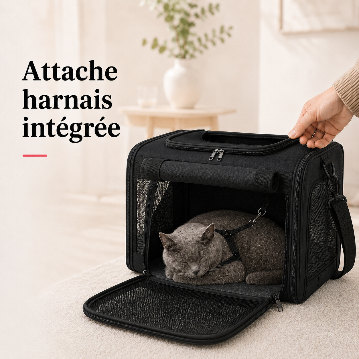 Attache harnais integree - Sac de transport souple pour chat
