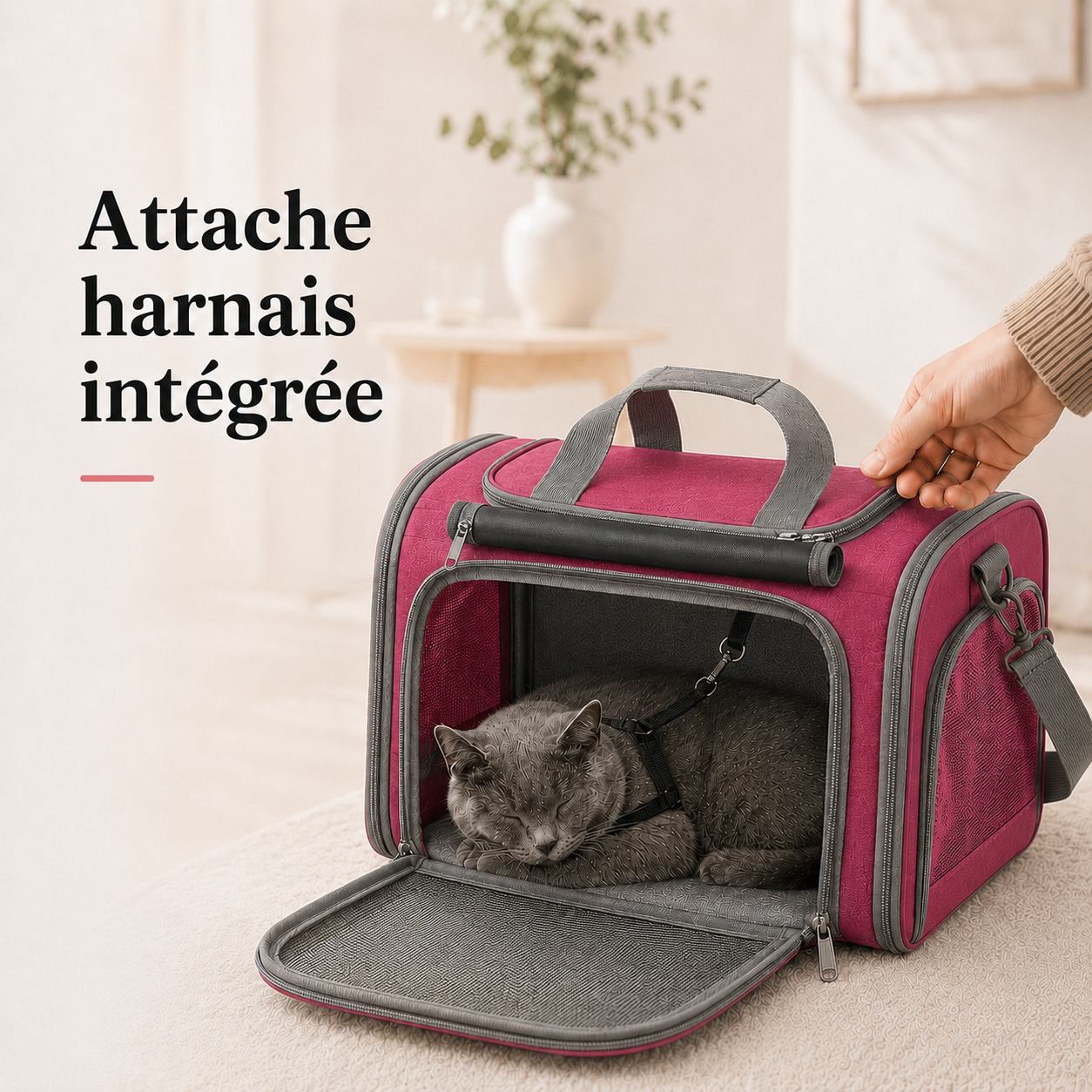Attache harnais integree - Sac de transport transit souple pour chat