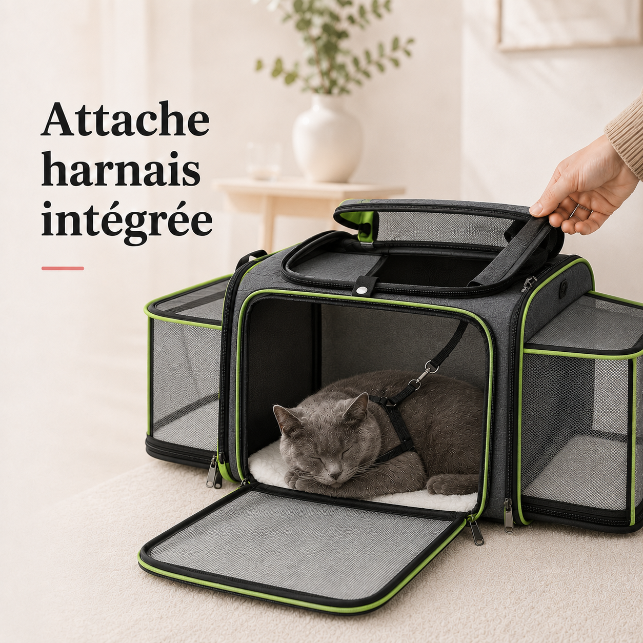 Attache harnais integree - Sac de transport ventil� pour chat 7kg