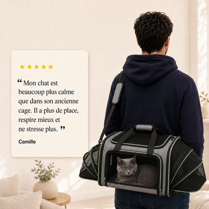 Avis client 5 etoiles - Sac de transport vert extensible pour chat 7kg