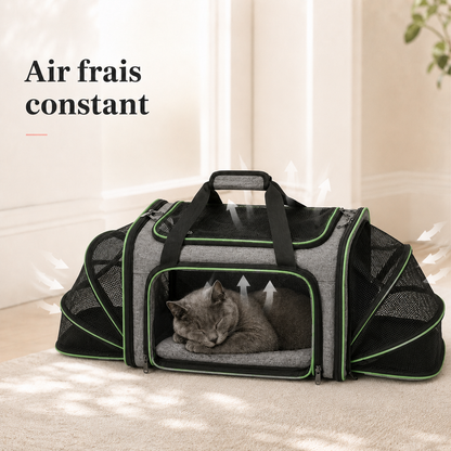 Air frais constant et ventilation - Sac de transport vert extensible pour chat 7kg