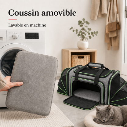 Coussin amovible lavable en machine - Sac de transport vert extensible pour chat 7kg