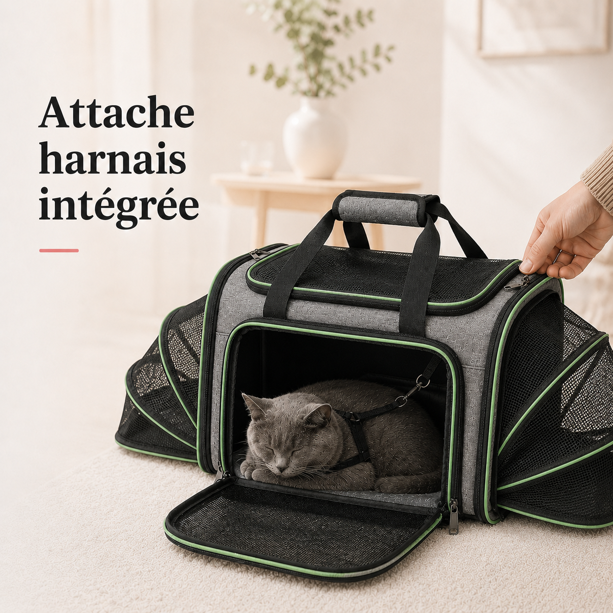 Attache harnais integree - Sac de transport vert extensible pour chat 7kg