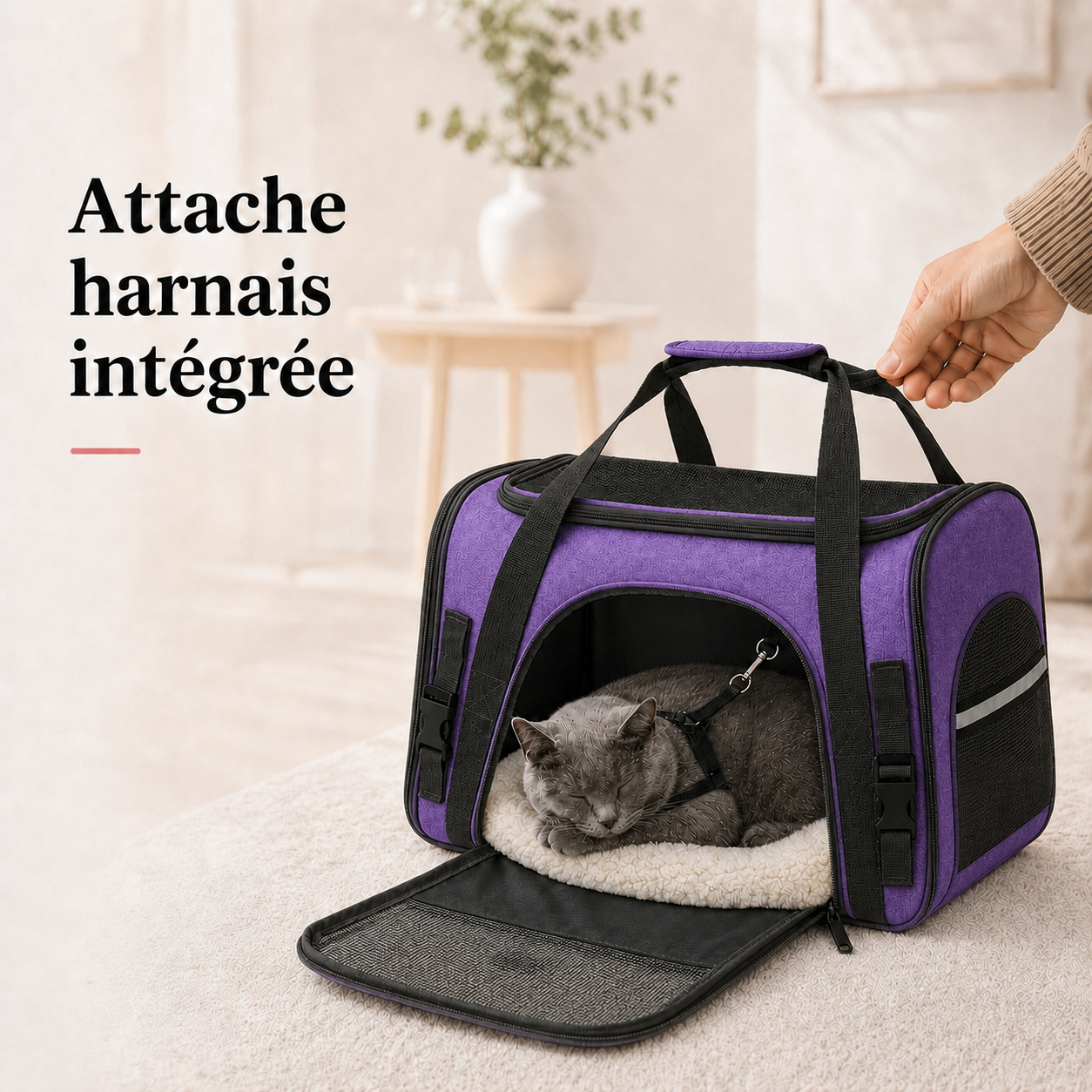Attache harnais integree - Sac de voyage a�r� pour chat