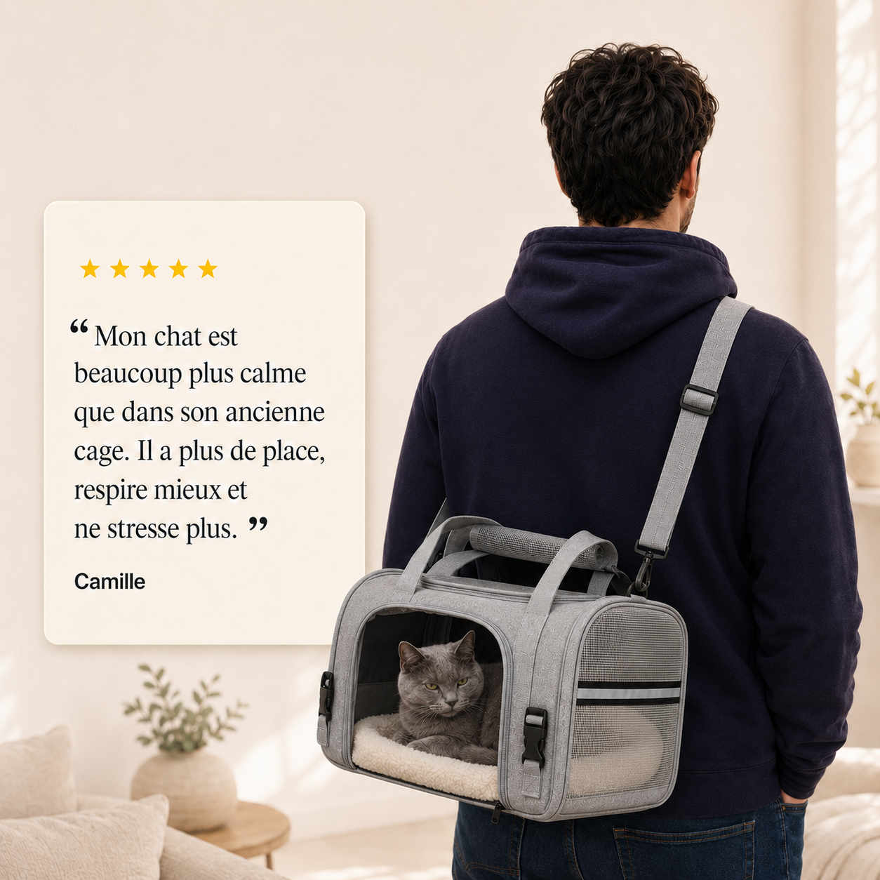 Avis client 5 etoiles - Sac de voyage souple pour chat