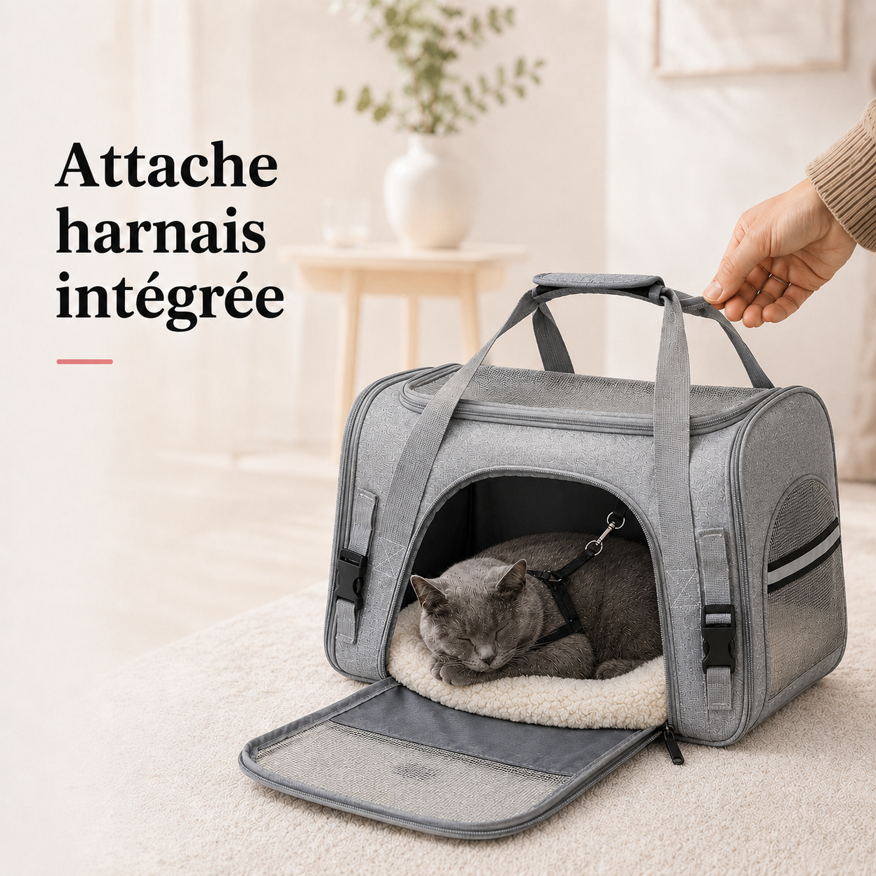 Attache harnais integree - Sac de voyage souple pour chat