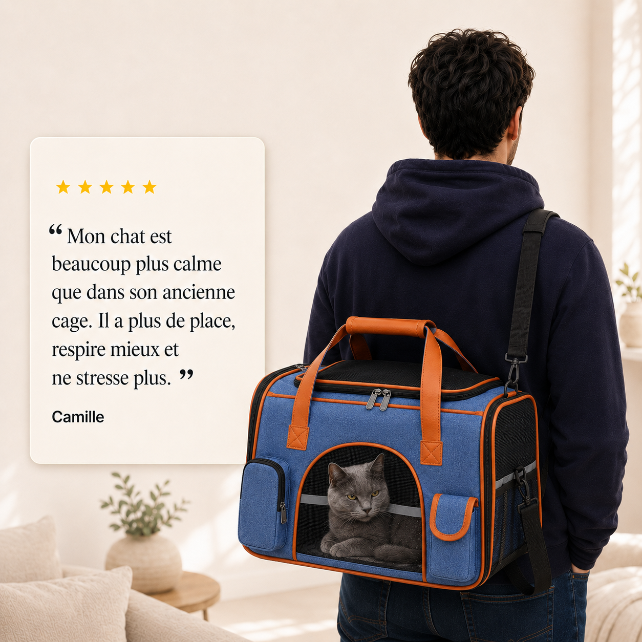 Avis client 5 etoiles - Sac transport avion chat ventil� - Bleu