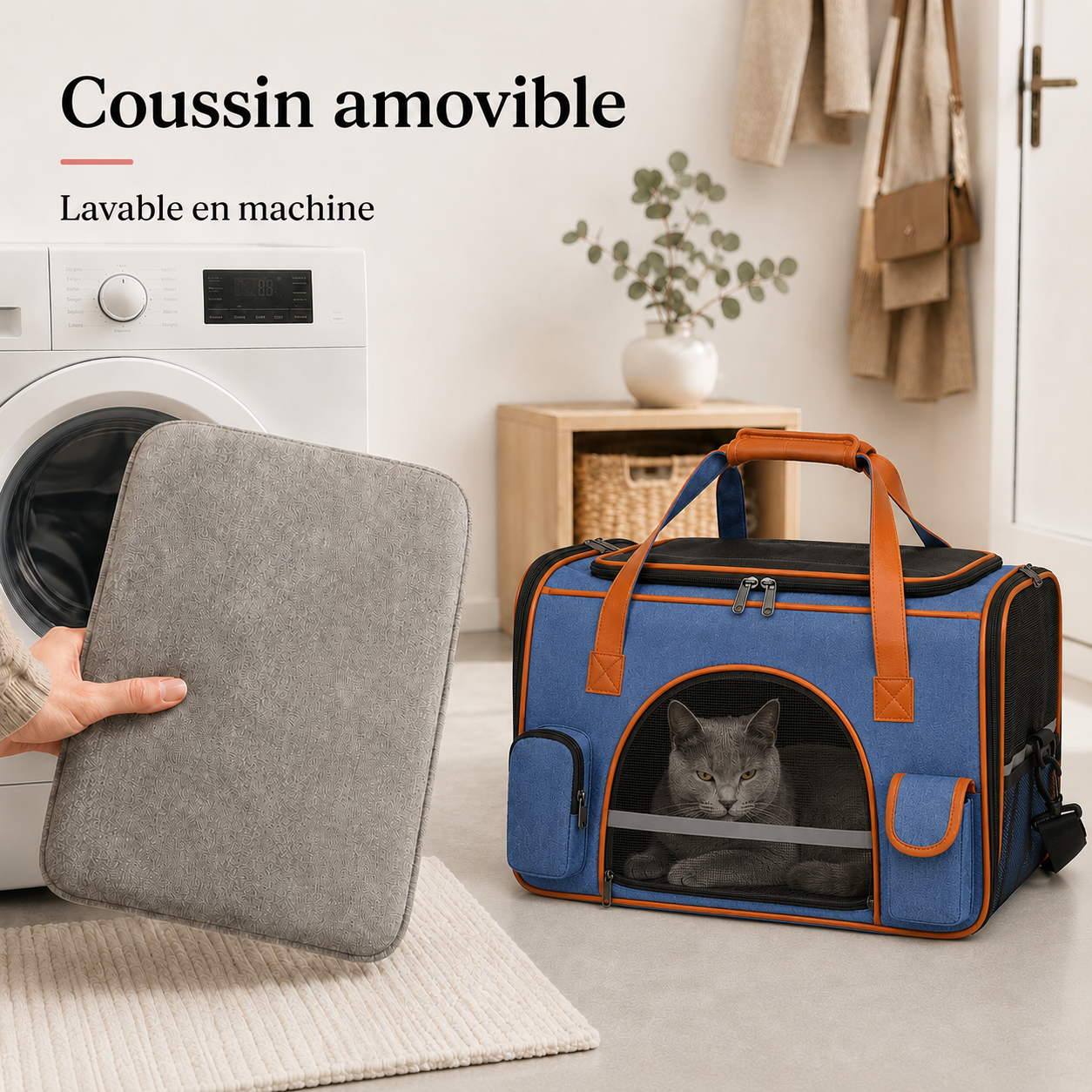 Coussin amovible lavable en machine - Sac transport avion chat ventil� - Bleu