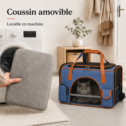 Coussin amovible lavable en machine - Sac transport avion chat ventil� - Bleu
