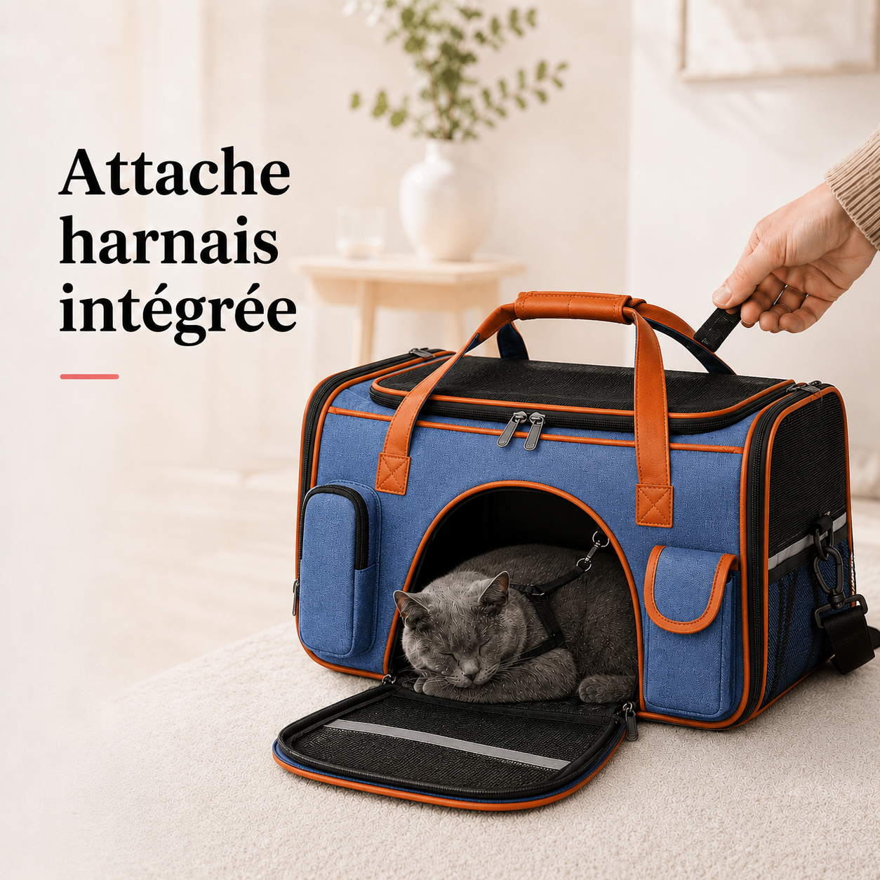 Attache harnais integree - Sac transport avion chat ventil� - Bleu