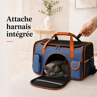 Attache harnais integree - Sac transport avion chat ventil� - Bleu