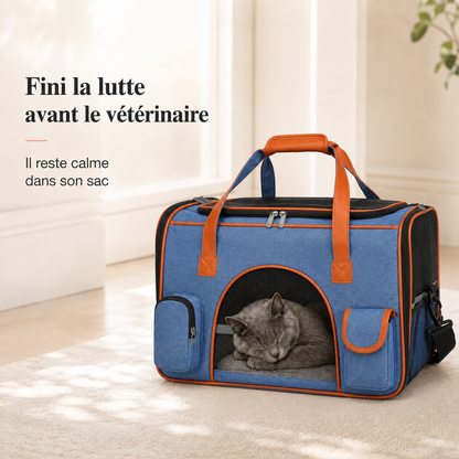 Fini la lutte avant le veterinaire - Sac transport avion chat ventil� - Bleu