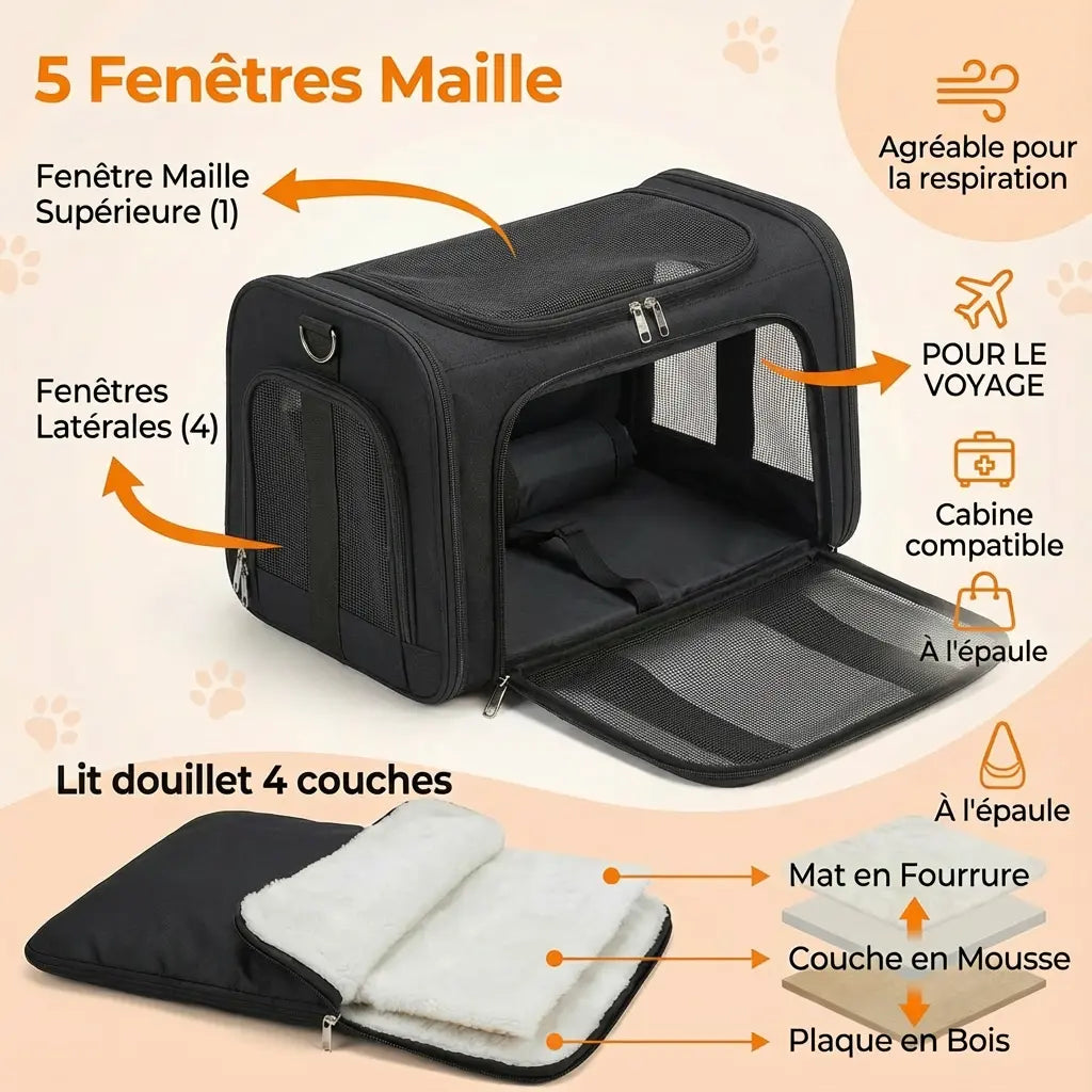Sac de voyage pour chat XXL - Noir - fermeture et ventilation